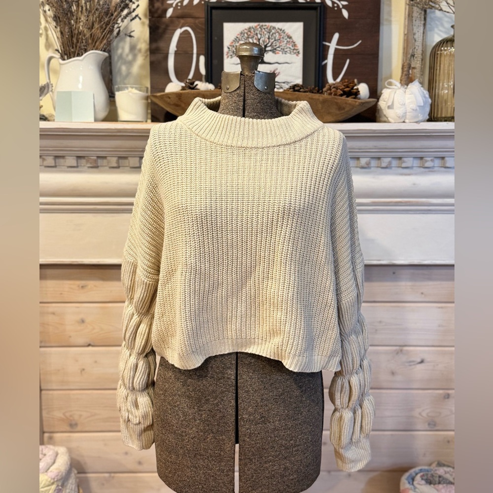 Miou Muse Cream Knit Cropped Mockneck Sweater
